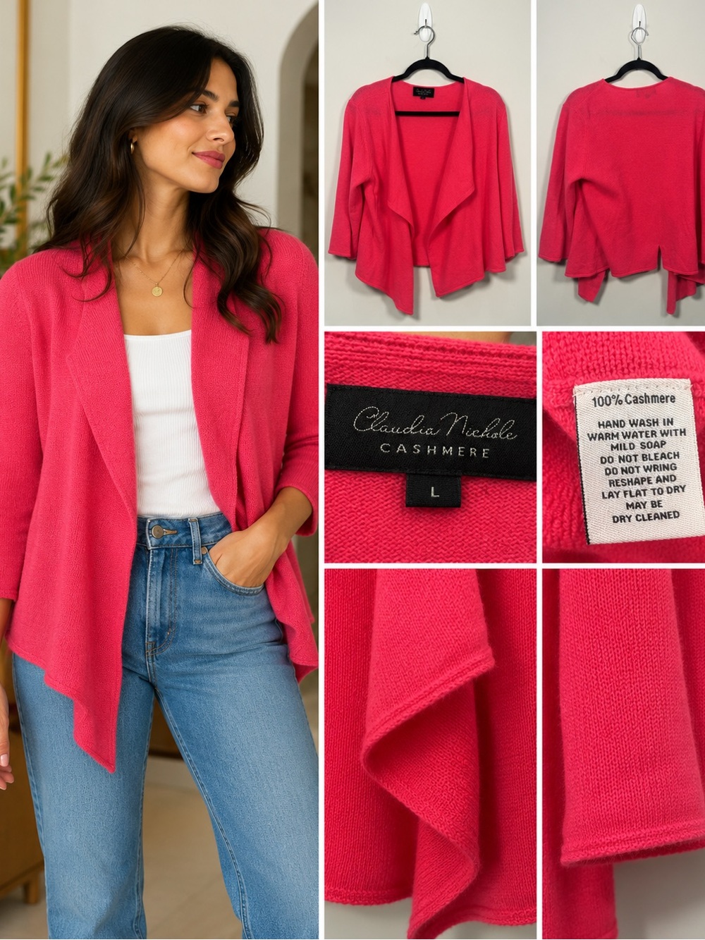 Claudia Nichole 100% Cashmere Pink Draped Cardigan L